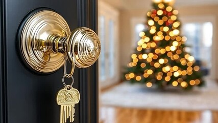 Golden Keys on Black Door with Blurred Christmas Tree Background - Powered by Adobe