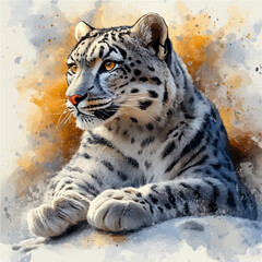 A watercolor of a snow leopard, isolated on a white background. Snow leopard vector.

