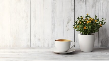 Fototapeta premium Relaxing coffee moment cozy kitchen still life image bright environment close-up view serenity concept for home decor