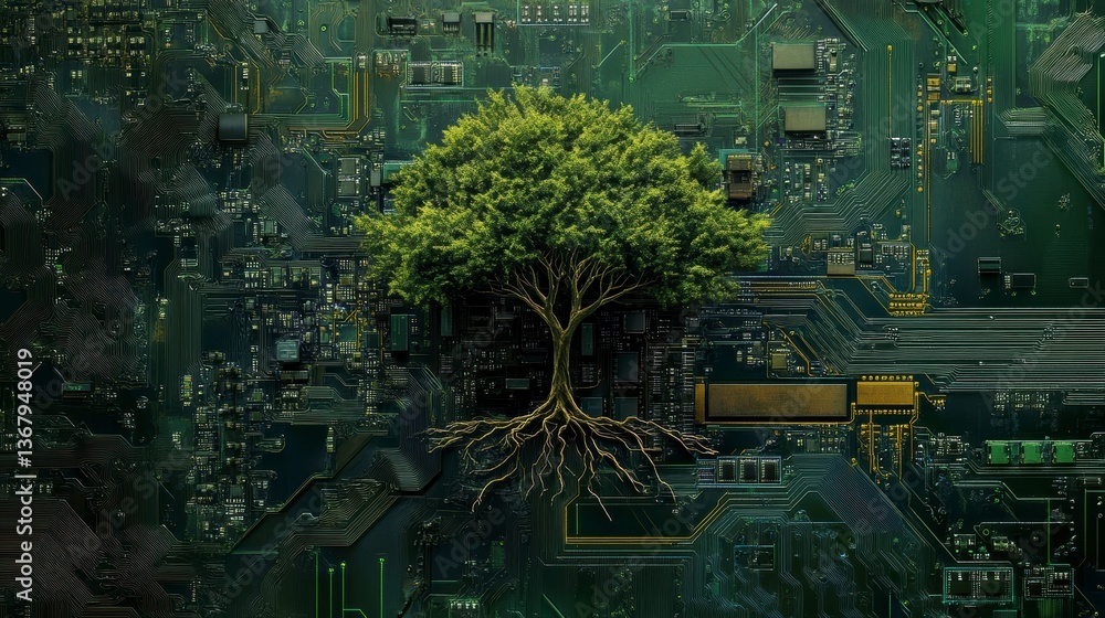 Poster lush green tree with exposed roots growing from a circuit board, symbolizing technology and nature. 