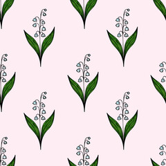 A vector seamless pattern featuring delicate lily of the valley flowers with green leaves on a soft pink background.