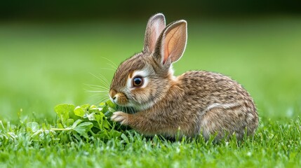 Fototapeta premium An adorable brown bunny rabbit with long ears happily munches on fresh green leafy plants in a lush grassy field enjoying a healthy meal.