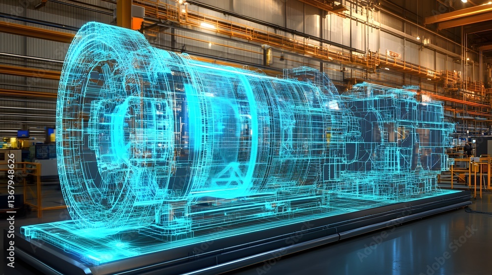 Poster a blue and green 3d model of a machine is displayed in a factory. the machine is made of metal and h