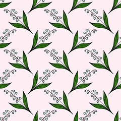 A seamless floral pattern featuring delicate lily of the valley flowers with green leaves on a soft pink background.