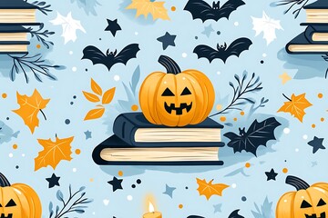 An illustrated pattern displays Halloween imagery with books and pumpkins
