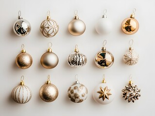 Fototapeta premium Meticulously arranged collection of various elegant Christmas ball ornaments in gold silver and white colors against a neutral background showcasing the beautiful textures reflections