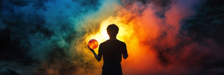 Naklejka premium Silhouetted figure holds glowing orb in colorful clouds.