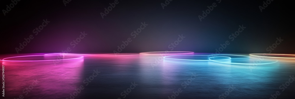 Poster glowing lines of neon colors create beautiful light art in circular patterns on floor