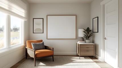 Fototapeta premium Cozy modern living room design contemporary home interior decor bright atmosphere wide angle minimalist style
