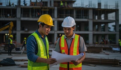 Asian male construction worker and Asian male engineer reviewing blueprints at building site during early evening. Concepts include teamwork.