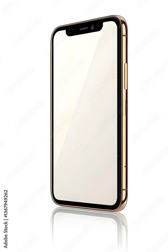 Poster mockup of a contemporary smartphone device with blank touchscreen display isolated on a clean white 