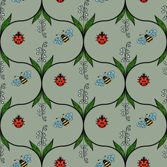 A vector seamless pattern featuring ladybugs and bees among green leaves and delicate flowers on a muted green background.