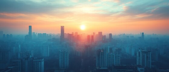 Cityscape Sunrise: A Breathtaking Aerial View of Urban Skyline Bathed in Golden Hour Light