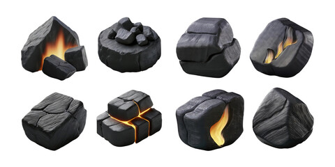 Realistic Set of Black Rocks with Leaking Light and Flame Effects, isolated on transparent background
