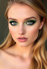Fototapeta premium Close-up image of a woman displaying bold green eye makeup, soft pink lips, styled blonde hair, and captivating blue eyes. Perfect for beauty, fashion, and cosmetics themes or editorial projects.