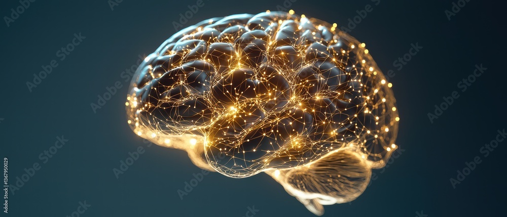 Poster close up of glowing brain model, showcasing intricate neural connections and luminous pathways, symb