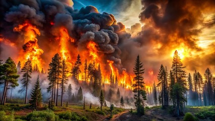 Fototapeta premium Panoramic View of Wildfire Ravaging Forest, Burning Trees and Smoke