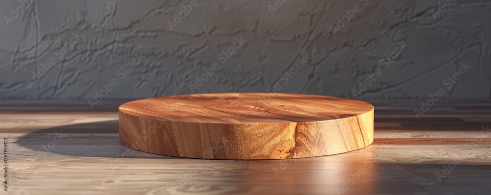 Poster empty round wooden podium on table with gray wall background for product advertising
