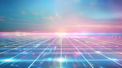 Seamless abstract background with holographic grid patterns and iridescent neon light reflections creating a sleek high tech and futuristic digital interface or visualization