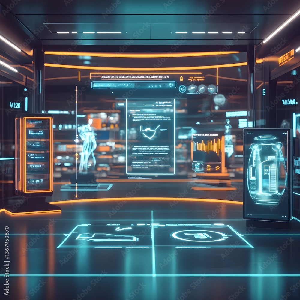 Poster seamless futuristic checkout process with recommendation system and floating holographic shopping as
