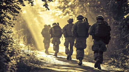 military team navigating narrow path in woods, surrounded by soft sunlight filtering through trees, creates sense of determination and camaraderie