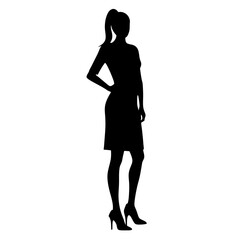 Fototapeta premium Silhouette of a business woman in a standing pose with flowing hair, showcasing elegance and beauty in a minimalist vector illustration