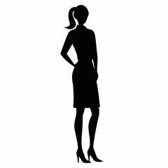 Fototapeta premium Silhouette of a business woman in a standing pose with flowing hair, showcasing elegance and beauty in a minimalist vector illustration