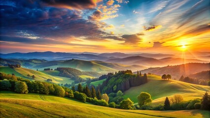 Panoramic Watercolor Landscape: Serene Sunset Over Rolling Hills