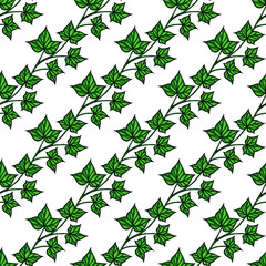 A vector seamless pattern featuring green ivy leaves on a white background. The design showcases various sizes and orientations of the leaves, creating a lush and vibrant look.