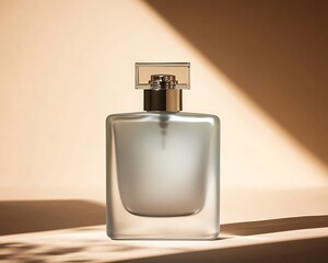Obraz premium Premium Unisex Fragrance Mockup in a Frosted Glass Bottle with Metallic Cap and Elegant Shadows