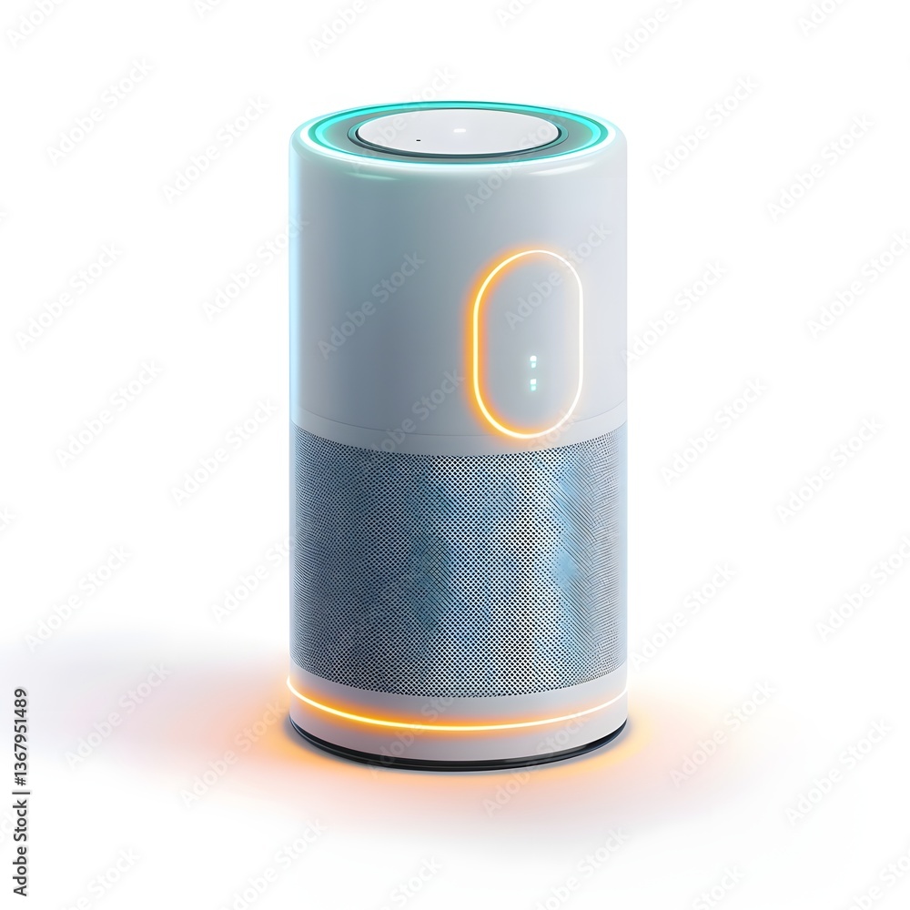 Poster sleek and intelligent smart home assistant device with glowing led ring on clean white background fu