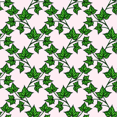 A vector seamless pattern featuring green ivy leaves on a soft pink background. The design showcases a variety of ivy leaf shapes and sizes, creating a lush, natural aesthetic.