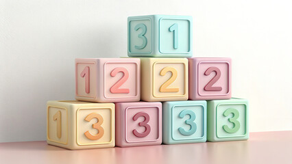 Pastel-colored number blocks playfully stacked, symbolizing early childhood learning and development, against a soft, neutral background.