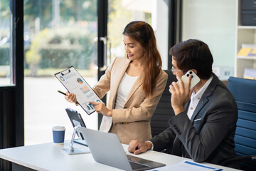 Project manager working and update tasks with milestones progress planning and professional...