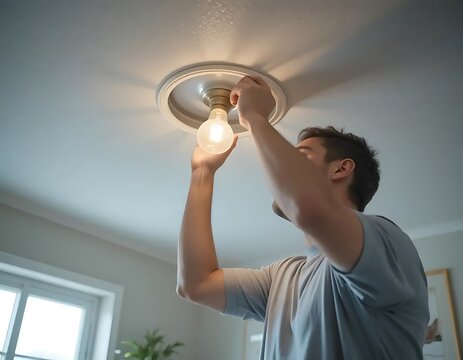 Man Changing Lightbulb in Ceiling Fixture for Home Improvement Project - Powered by Adobe