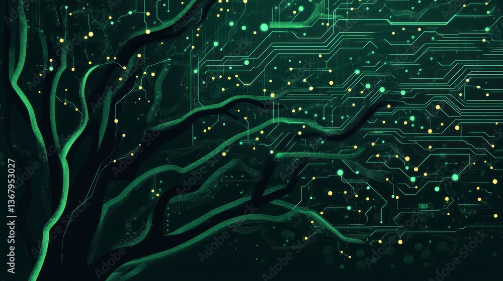 Poster Abstract digital tree with glowing circuit lines and nodes.