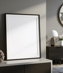 Minimalist interior mockup with blank frame. Empty frame wall poster mockup. Interior mockup with modern design. Contemporary interior scene