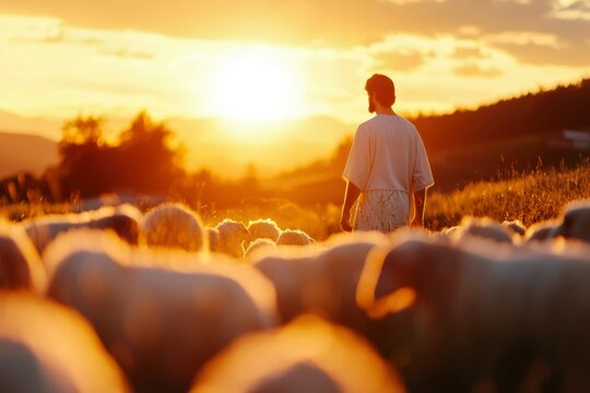 Herdsman gazing in golden sunset with sheep in a field. Beautiful golden hour lighting