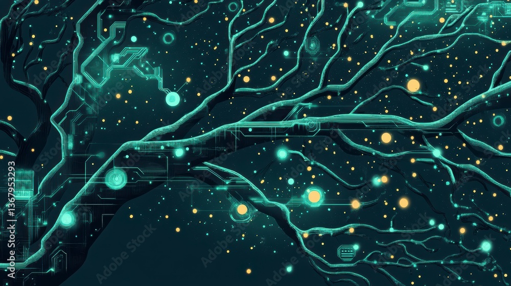 Poster Abstract glowing teal tree branches with circuit board pattern and nodes, dark background.
