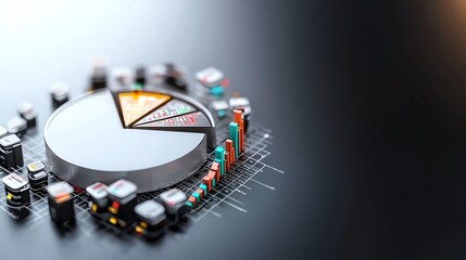 pie chart with sector breakdown showing stock ticker board, set in cyber grid platform, minimal tech infographic