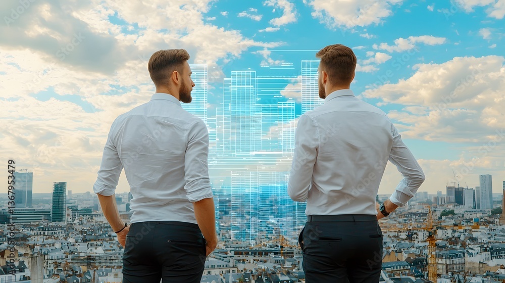 Poster two construction site managers in an office overlooking a skyline discussing project blueprints and 