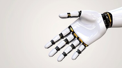 Realistic Robotic Hand with Black and Gold Accents Against a Neutral Background