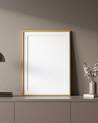 Minimalist interior mockup with blank frame. Empty frame wall poster mockup. Interior mockup with modern design. Contemporary interior scene