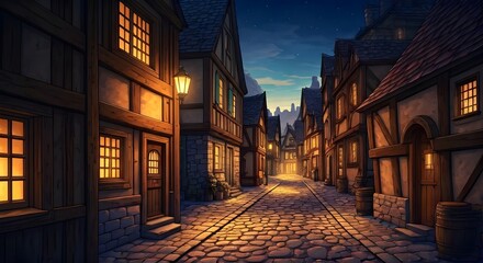 Fototapeta premium A cozy little village with cobblestone streets and glowing lanterns, AI Generated
