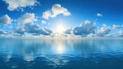 360-Degree Panorama of Calm Ocean with Blue Sky and White Clouds, Horizon Line, Sun Reflection in Water, Beautiful Scenery, Peaceful Atmosphere, Tranquil Scene, Serenity