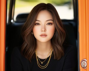 Woman in orange car portrait.