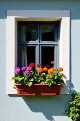 A charming window in Salzburger Land, Austria, adorned with a flower pot filled with colorful blooms, European, flowers, architecture