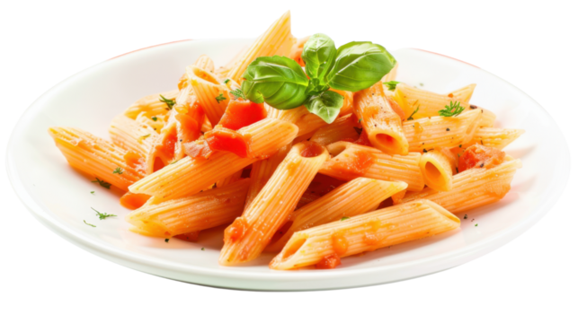 Penne with tomato sauce and basil on transparent background
