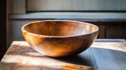 A rustic artisan wooden bowl, handmade with visible tool marks, perfectly imperfect, warm and inviting