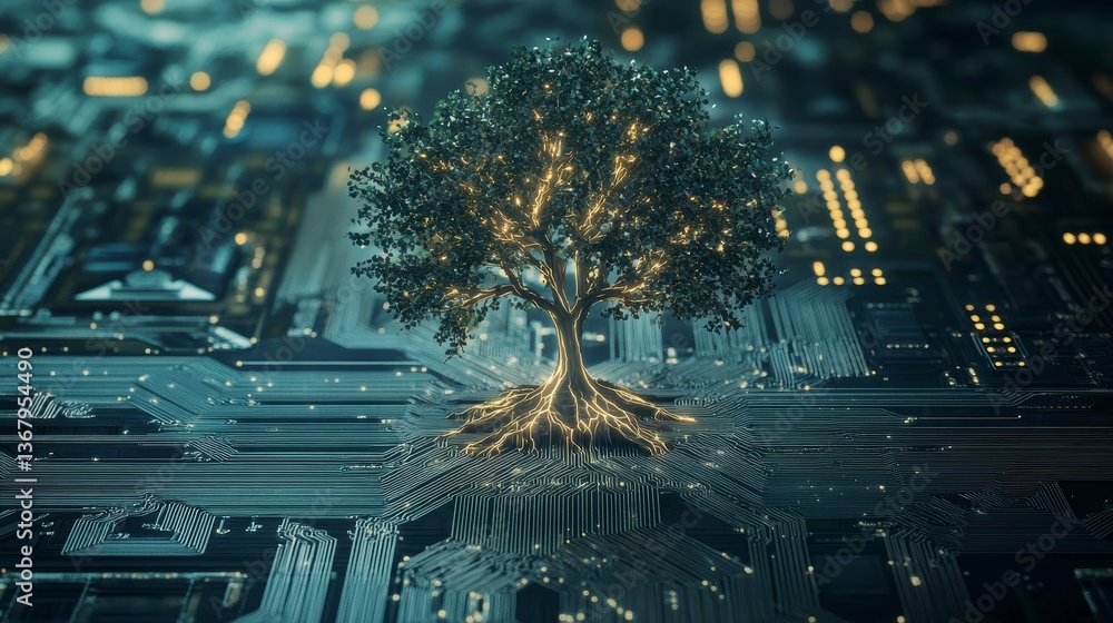 Poster glowing tree growing from a circuit board, symbolizing technology and nature. (1)